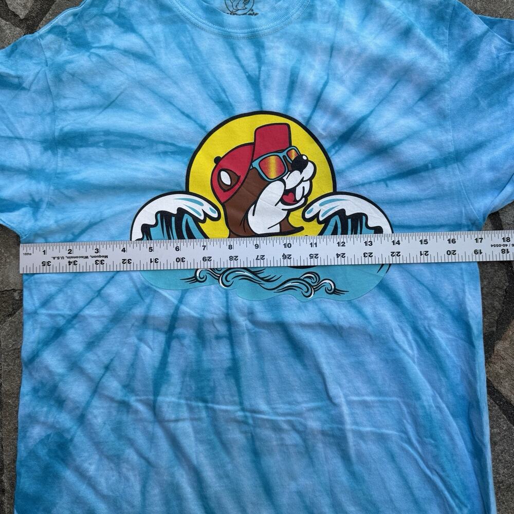 Bucees Shirt Medium Adult Blue Tie Dye Get the Party Started Texas Wave Beaver - Picture 9 of 9